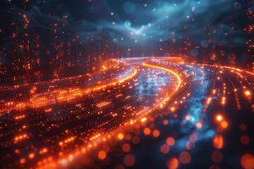 Poster - Dynamic and vibrant digital wave pattern with a glowing, technology-inspired feel and deep orange tones
