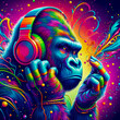 Digital art vibrant colorful cool gorilla wearing headphones vibin to music
