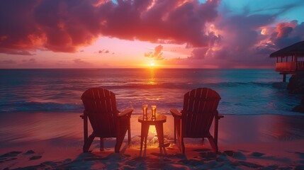 Wall Mural - Beach chairs and drinks at sunset