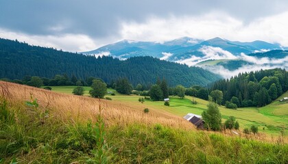 foggy summer landscape with green rural field in the alps with beautiful fresh green mountain pastures and mountain tops in the background rich harvest concept creative image carpathian mountains