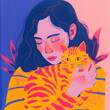 A woman is holding a cat in her arms, colorful illustration