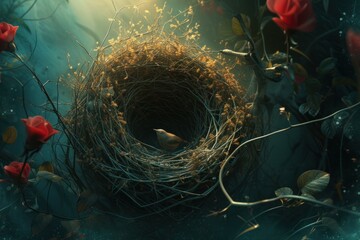 Wall Mural - Enchanting Bird nest forest digital art. Leaf spring. Generate Ai