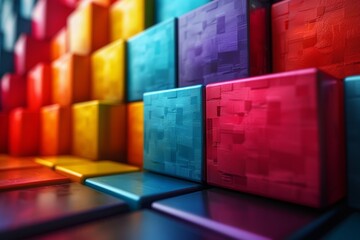 Poster - Strikingly colorful cubes showcasing impressive depth, texture, and shadow effects in this 3D digital illustration