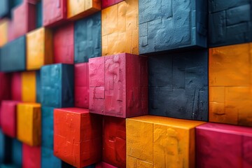 Poster - A modern artistic display of textured cubes, in a wall-like arrangement with vibrant contrasting colors