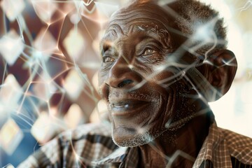 Aufkleber - A stylized portrait of a man with glasses, surrounded by a kaleidoscope of lights and colors