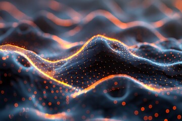 Wall Mural - A digital 3D visualization featuring waves of particles glowing in red and black, creating a sense of deep space or ocean depths