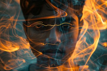 Aufkleber - A creative portrait of a man with an intense gaze enhanced by captivating orange flame-like digital effects