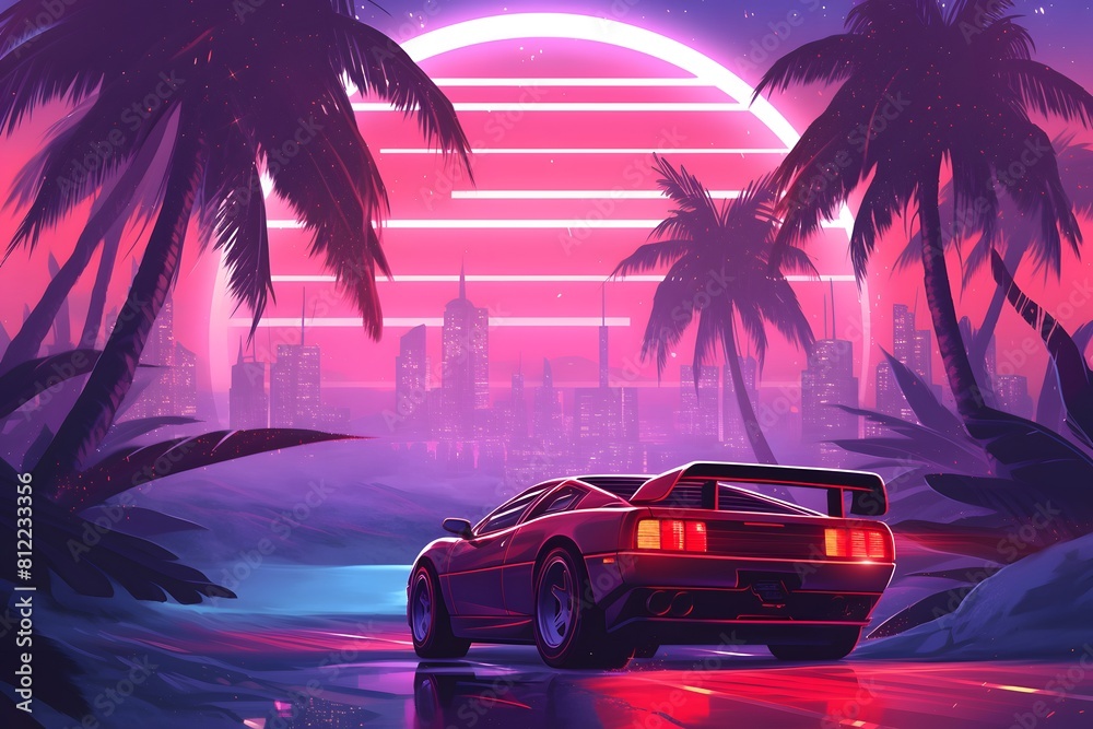 Sports car under neon lights with a cityscape background and palm trees ...
