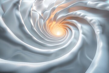 Poster - A digitally created image with a warm golden spiral on a soft white background, simulating a soft cloth
