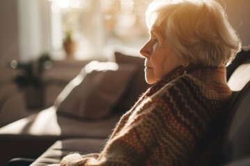 Aufkleber - A senior woman wrapped in a sweater sits comfortably in a chair bathed in warm sunlight, depicting relaxation and contentment
