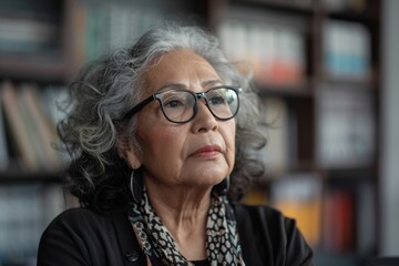 Aufkleber - Image of a senior woman in a library setting, her face blurred, capturing a moment of focus or study
