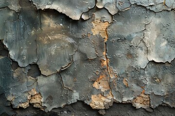 Poster - Close-up image of peeling grey paint on a wall, revealing layers and texture, depicting decay and the passage of time