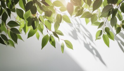 Wall Mural - 3d render natural background concept close up of beautiful tree branches with sunlight foliage leaves shadow on empty white wall for background mock up mockup space blank summer backdrop