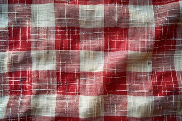 Poster - Macro shot showcasing the texture and woven detail of a red and white checkered cloth, representing craft