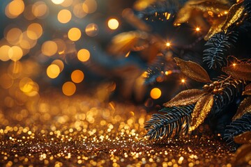 Poster - Opulent holiday setting focusing on gilded Christmas tree decorations against a bokeh light background