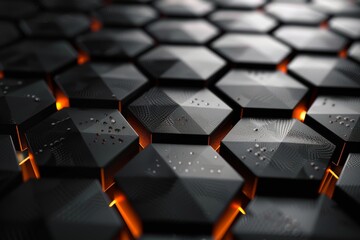 Poster - A modern, tech-inspired image showcasing a striking pattern of metallic hexagons with vibrant orange highlights