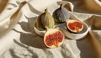 Wall Mural - whole and cut fig fruits on table on neutral beige linen tablecloth background aesthetic lifestyle fall food still life with natural sunlight shadows