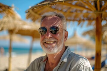 an older man in casual attire sitting under a straw beach umbrella with a blurred face on a sunny da