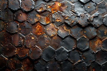 Poster - Detailed close-up of hexagonal patterns with rust and chipped black paint, suggesting decay and texture