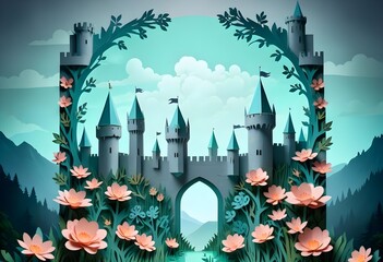 Wall Mural - Castle with frame of flowers paper cut style beautiful background 