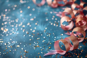 Poster - Colorful ribbons and scattered confetti depict celebration and festivity on a textured blue surface