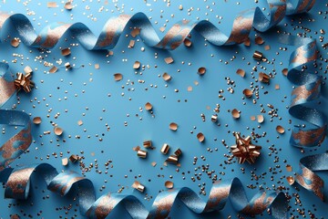 Poster - The image displays blue ribbons with gold accents and confetti pieces on a cohesive blue background