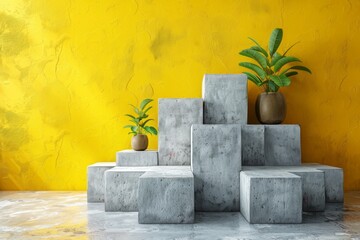 Poster - Several concrete blocks of different sizes forming a staircase pattern on yellow textured background
