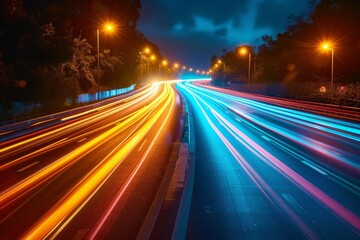 Poster - A vivid display of long exposure traffic trails on a highway during the night, showcasing the bustle of urban life