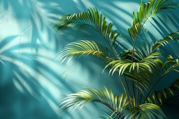 Poster - Artificial palm leaves cast dramatic shadows on a textured blue wall, illustrating the interaction of light and form in a controlled environment