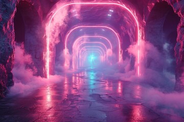Poster - A neon-lit tunnel enveloped in mist, with a mysterious light at the end suggesting an ethereal or mystical journey
