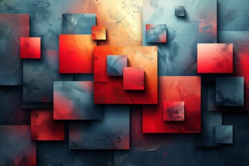 Poster - Artistic image showcasing a collection of red and blue textured squares in varying sizes, creatively arranged in an abstract geometric pattern