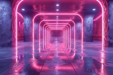 Poster - A vivid 3D rendering of a corridor with neon lighting and arches, creating a futuristic and cool atmosphere