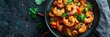 Coconut curry shrimp with bell peppers and onions, fresh food banner, top view with copy space