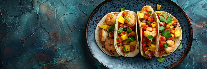 Wall Mural - Coconut shrimp tacos with pineapple salsa, top view horizontal food banner with copy space