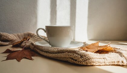 Wall Mural - coffee cup and fall light brown leaves on neutral light beige knitted sweater on beige table and white wall background with sunlight shadow aesthetic pastel autumn still life