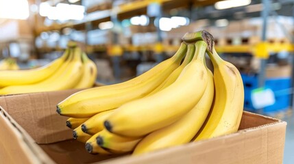 Wall Mural - Ripe organic bananas in wooden crates at warehouse with copy space, blurred background