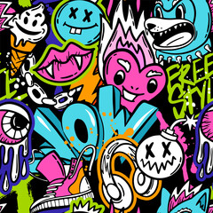 Poster - Cool seamless pattern with cool monsters, graffiti on black background. Print for teen girl