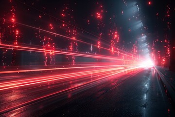 Poster - Long exposure shot featuring red light trails on a road giving a sense of speed and night traffic