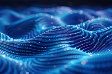 Poster - A visually striking digital representation of blue waves enhanced with bright light effects and electric hues