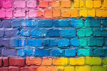 Poster - Vibrant painted bricks form a rainbow-colored wall, showcasing textures and patterns