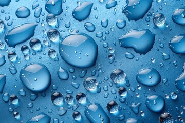 Poster - This image showcases numerous water droplets on a blue surface, highlighting their round shapes and the subtle light reflections