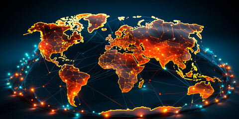 Wall Mural - Digital World Connectivity Map Illustrating Global Interactions and Internet Network with Dynamic Light Connections on a Dark Background