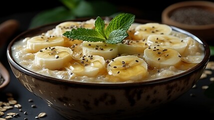 Wall Mural - A bowl of creamy oatmeal topped with sliced banana, chia seeds, and a drizzle of honey