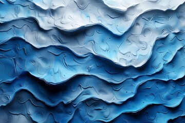 Poster - This image features a 3D rendering of a wavy abstract texture in various shades of blue, reminiscent of flowing water or liquid motion