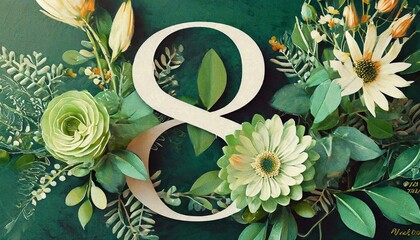 Wall Mural - elegant botanical background to celebrate international woman s day green floral design with number 8 flowers and caption generative ai