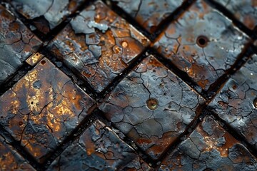 Poster - Macro shot of rusted metal tiles with peeling, cracked orange and black paint