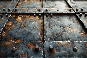 Poster - A detailed image of metal plates bound with bolts, showcasing a combination of rust and sheen