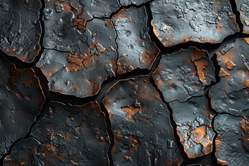 Poster - The close-up shows a textured surface with black paint cracking to reveal underlying rust