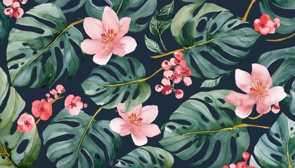 Wall Mural - pattern with watercolor monstera leaves and pink flowers generative ai