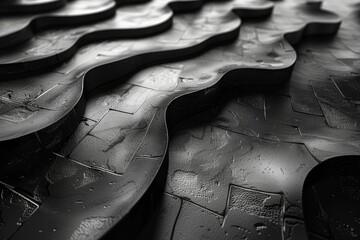 Poster - Abstract close-up of black wavy surface with intricate details and light reflections creating a mesmerizing pattern